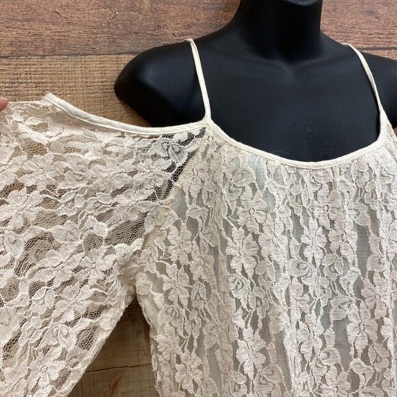 Cream Lace Off-Shoulder Layered Dress With Flared Sleeves L By Elan NWT - Picture 2 of 4